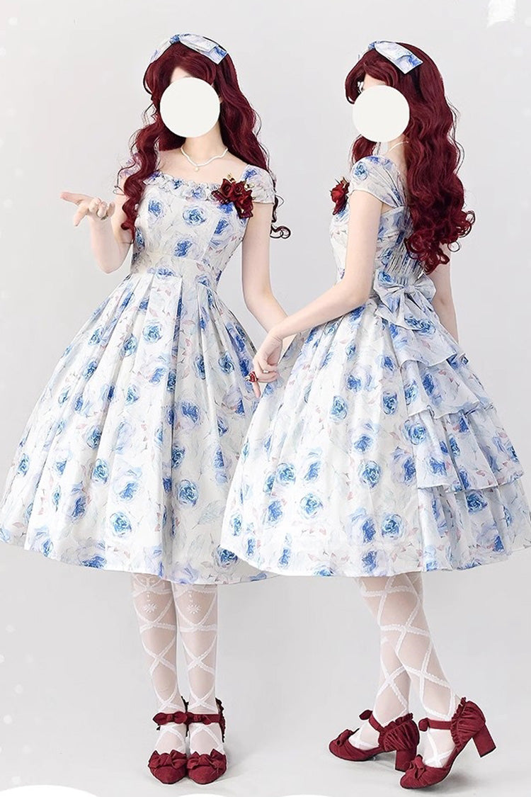 Cerulean and Ivory Rose Print Bow Sweet Elegant Lolita JSK Dress - Forest Basket Edition