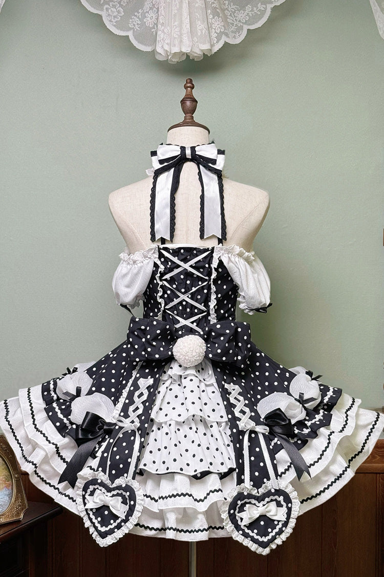 Black/White Halterneck Short Sleeve Triple-Layered Polka Dot Bow Lace-Up Sweet Dress