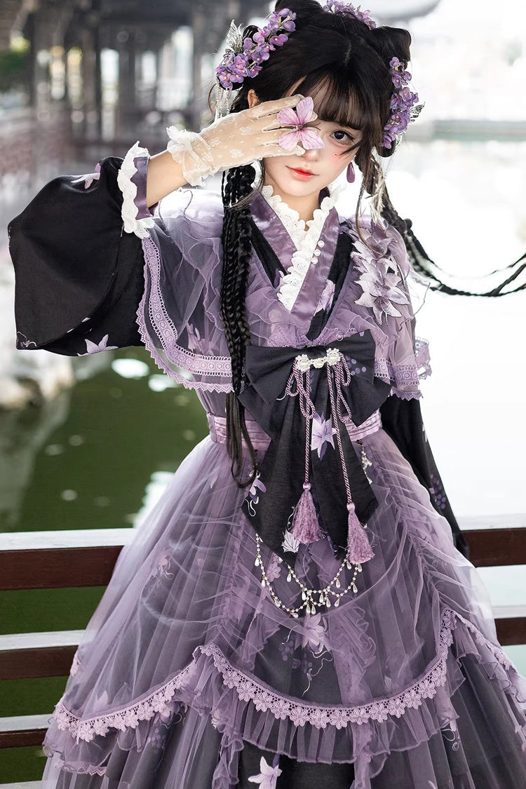 Purple Stand-Collar Embroidered Bow Elegant Chinese-Style Lolita Dress Set