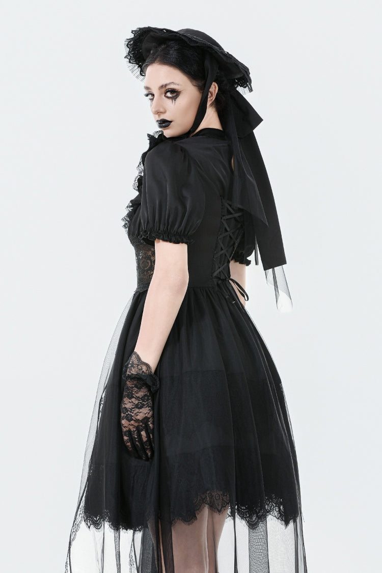 Chiffon Gothic Wedding Dress with High-Low Hem and Layers