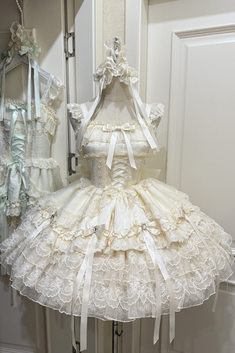 Apricot Princess Ballet Lolita JSK Dress with Multi-Layer Ruffles Bowknot Lace-Up Design
