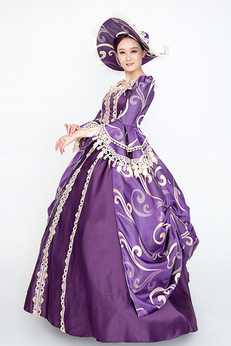 Violet Puffed-Sleeve High-Rise Floral Print Antique Gown