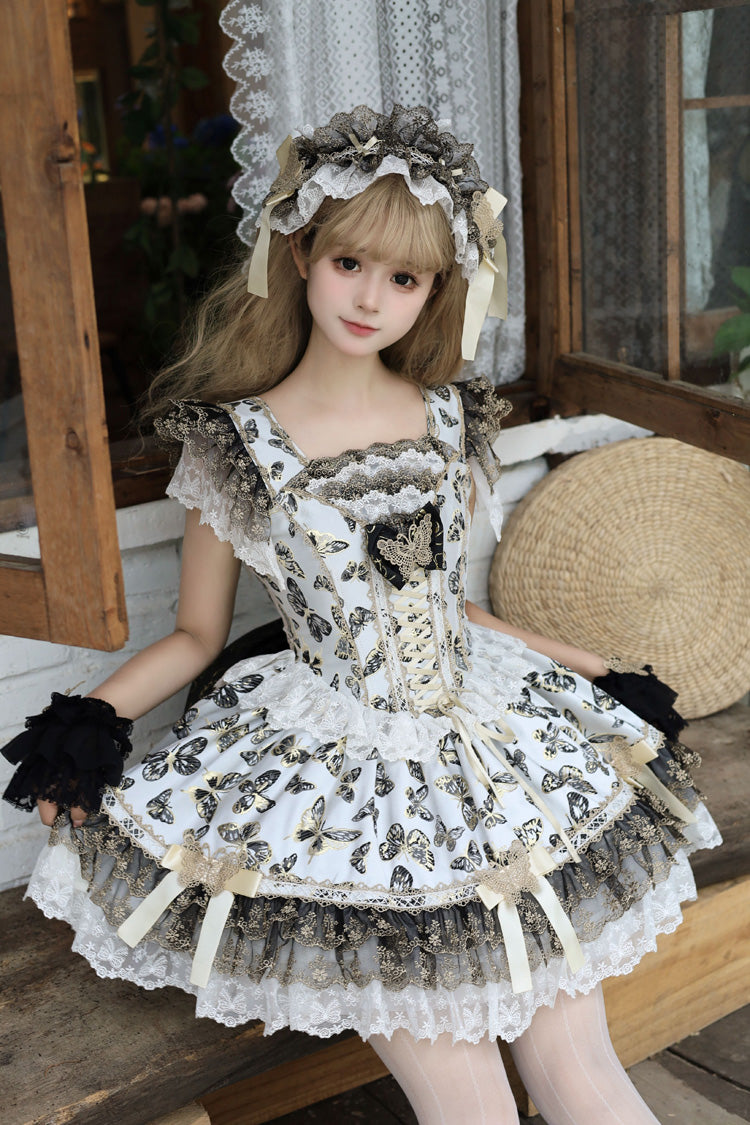 Cream Sleeveless Print Ruffle Bowknot Lace-Up Sweet Princess JSK Dress Set