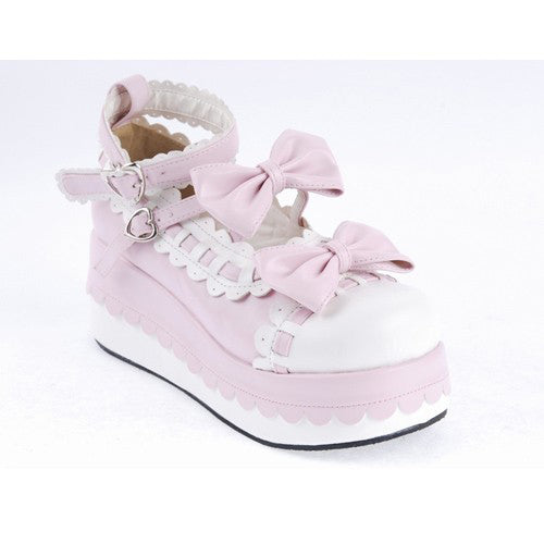 Rose Faux Leather Rounded Toe Ankle Strap Bow Decor Platform Lolita Footwear