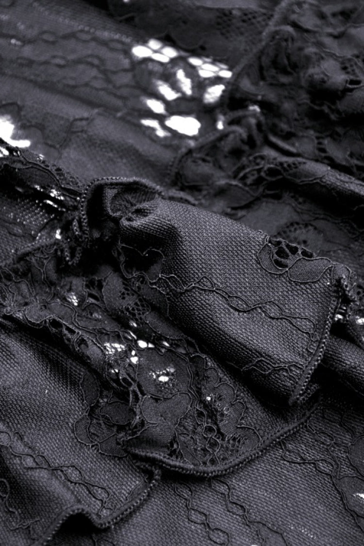 Black Boat Neck Off-Shoulder Short Puff Sleeve Ruffled Lace Lace-Up Irregular Gothic Dress