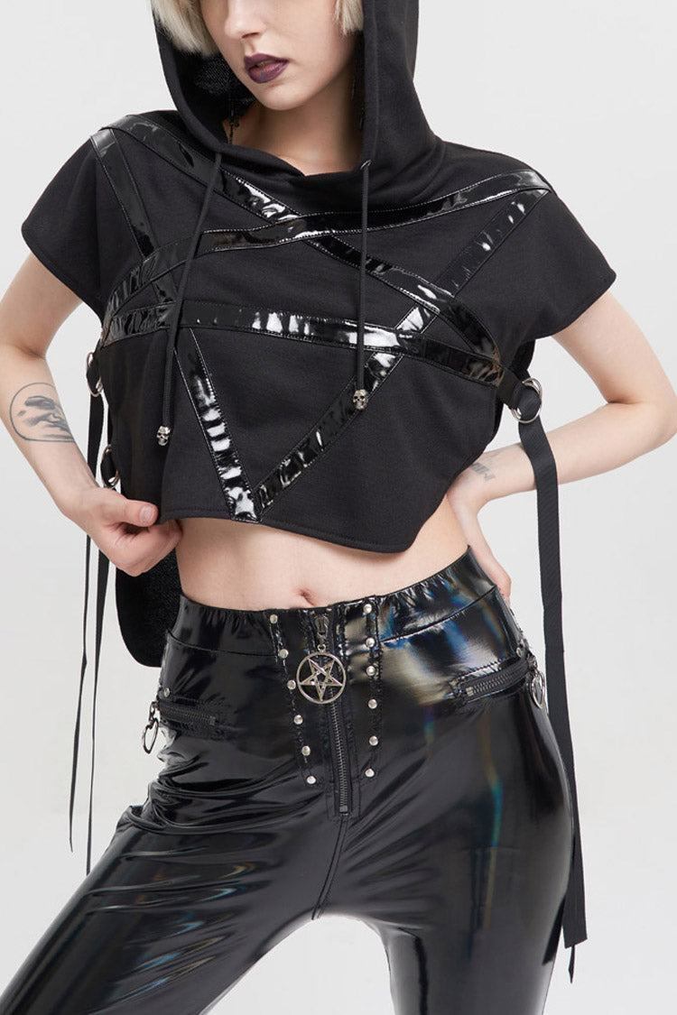 Punk Hoodie Tee with Pentagram Print and Leather Accents