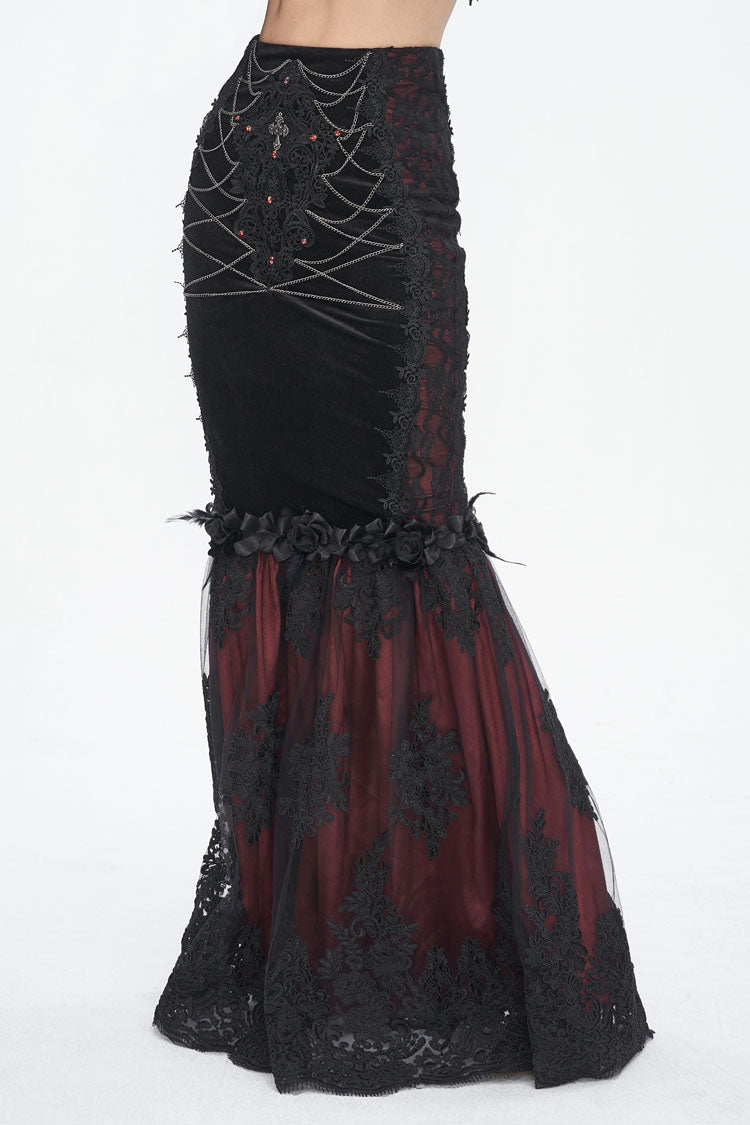 Crimson & Noir High-Rise Embroidered Lace Accent Gothic Skirt