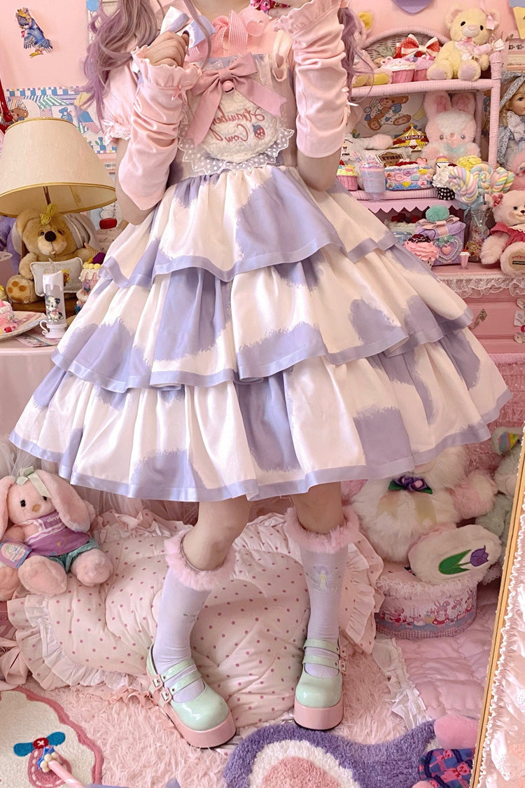 Azure Cow-Print Bowknot Sweet JSK with Triple Ruffles