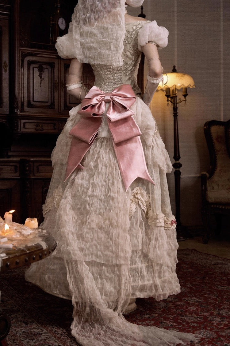 Light Brown Cupid’s Poetry Box Boat Neck Short Puff Sleeves Ruffled Cut-Out Embroidered Bow Lace Gothic Elegant Lolita Skirt Dress and Top Set