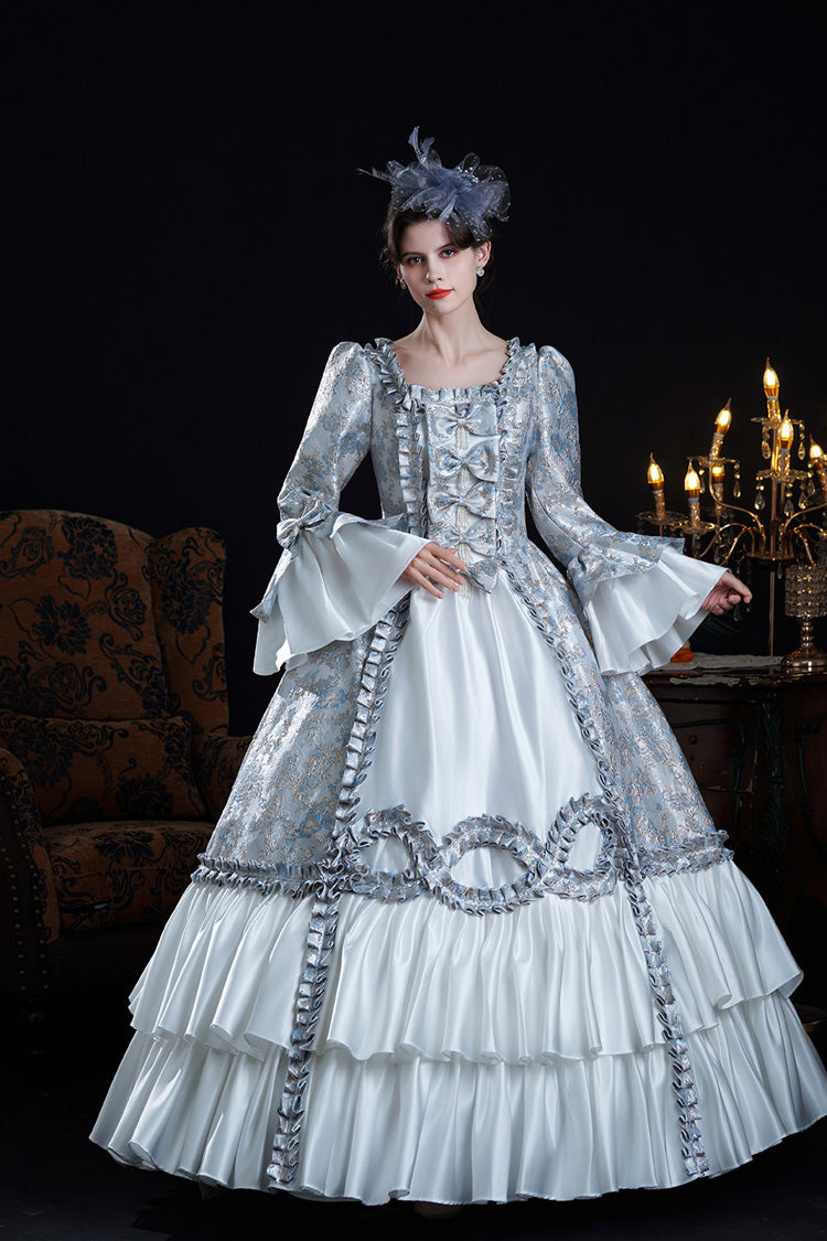 Azure Vintage Trumpet-Sleeve Embroidered Bow-Front Palace Gown