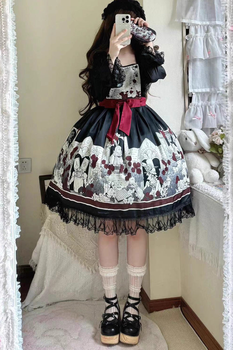 Black Print Bow Lace Gothic Lolita Dress - Two Versions