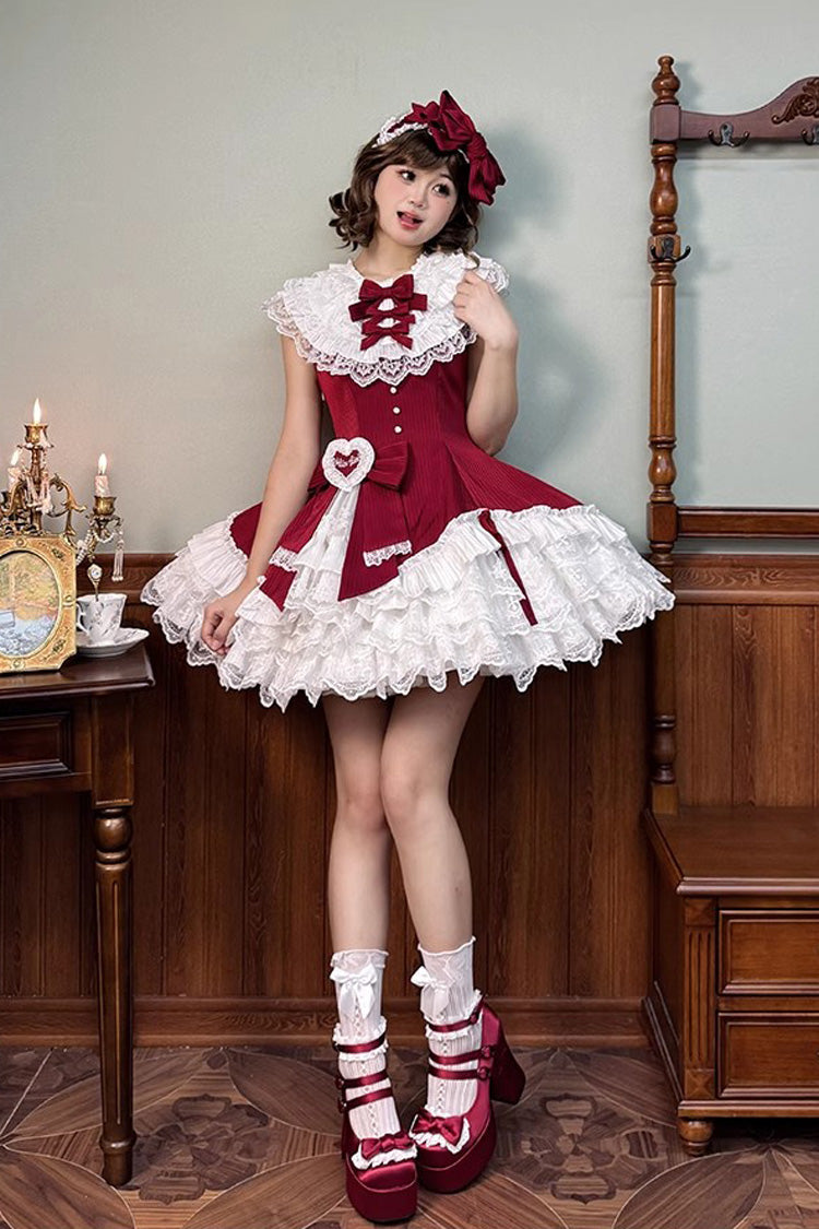 Red Asymmetric Lace Bow Sleeveless Multi-Layer Ruffle Sweet Lolita Dress - Miss Tsundere