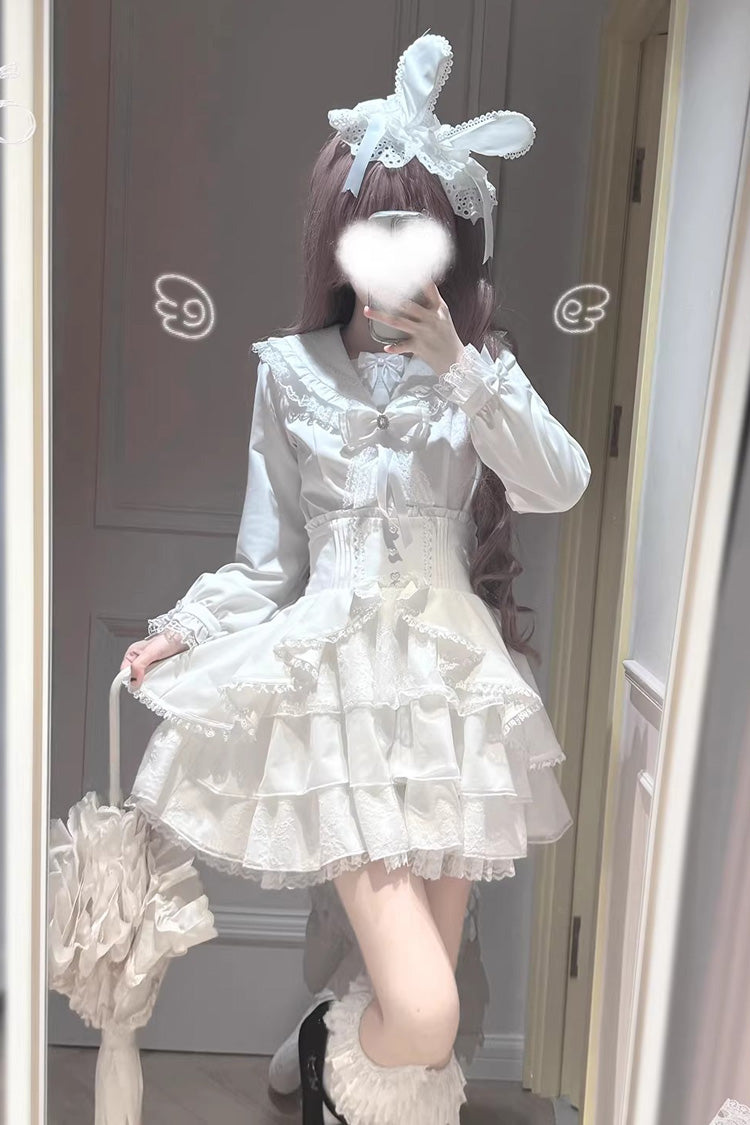 Ivory Long Sleeve Layered Skirt Set with Bows - Snow Season Love Letter