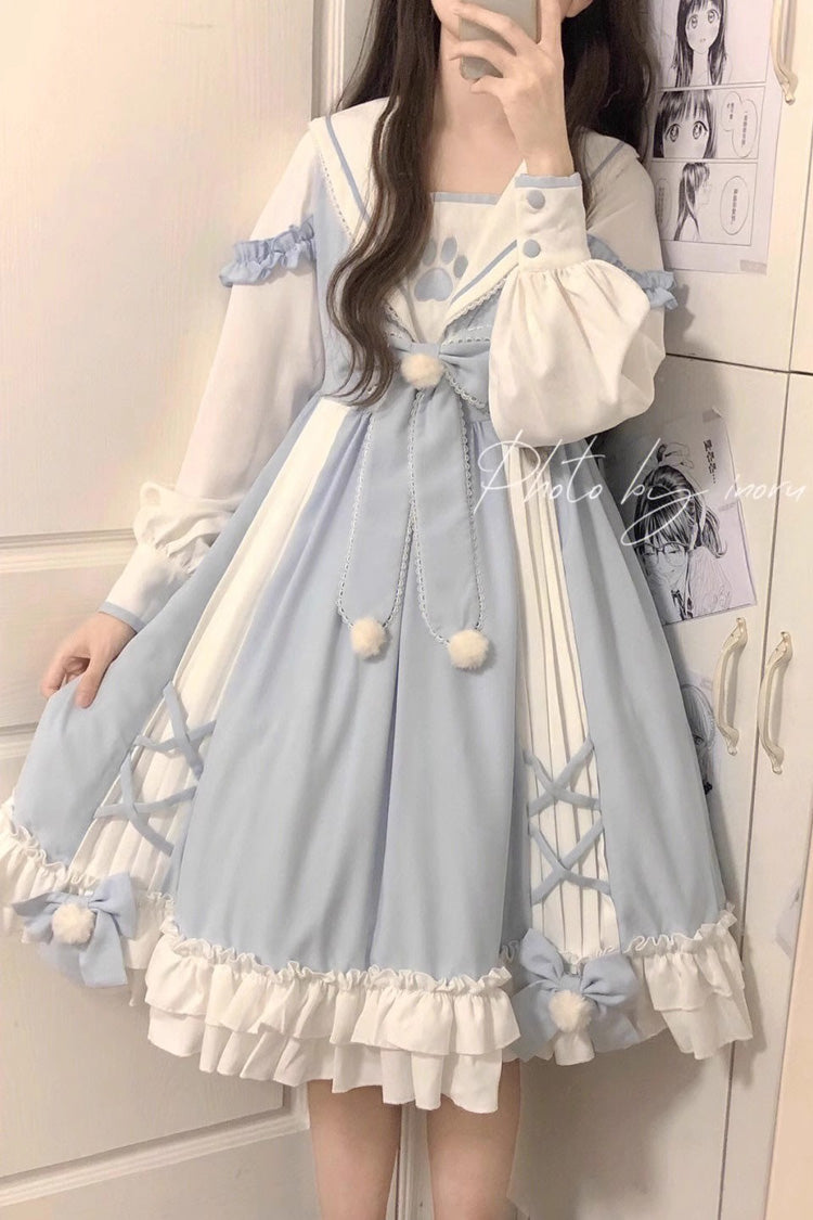 White and Blue Sailor Collar Ruffle Bow Sweet Lolita Dress
