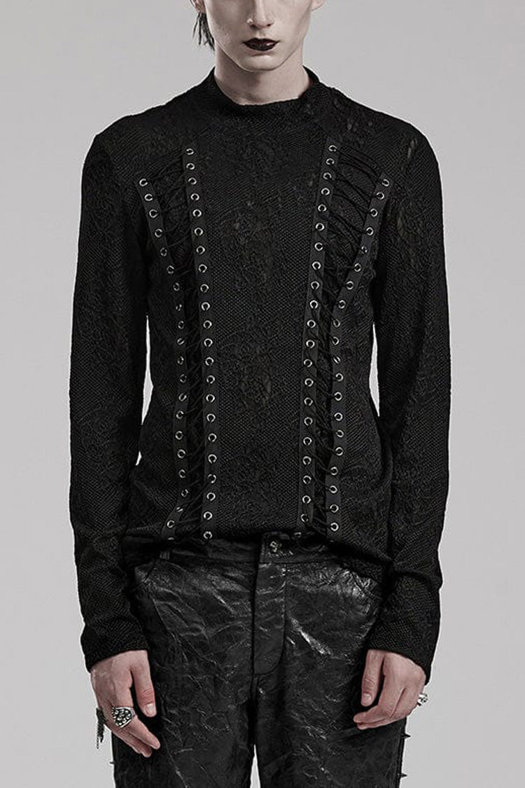Raven Crewneck Long-Sleeve Jacquard Symmetrical Rope Gothic Tee for Men