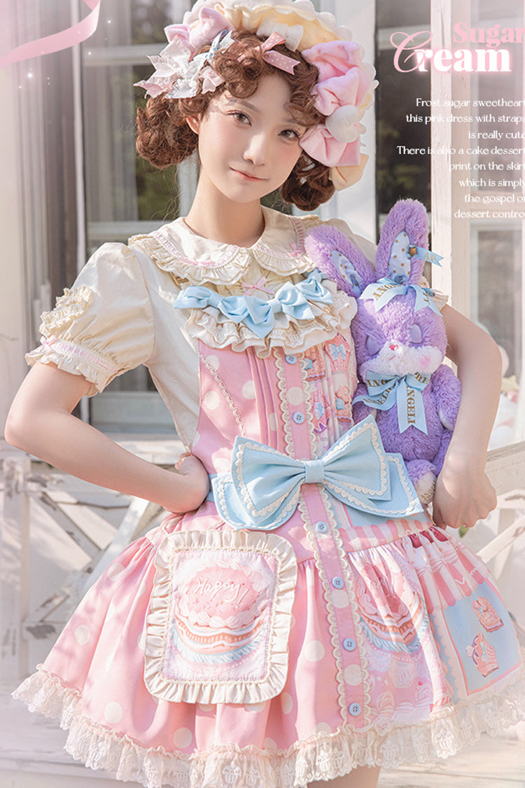 Dessert Print Bowknot Strap Sweet Dress