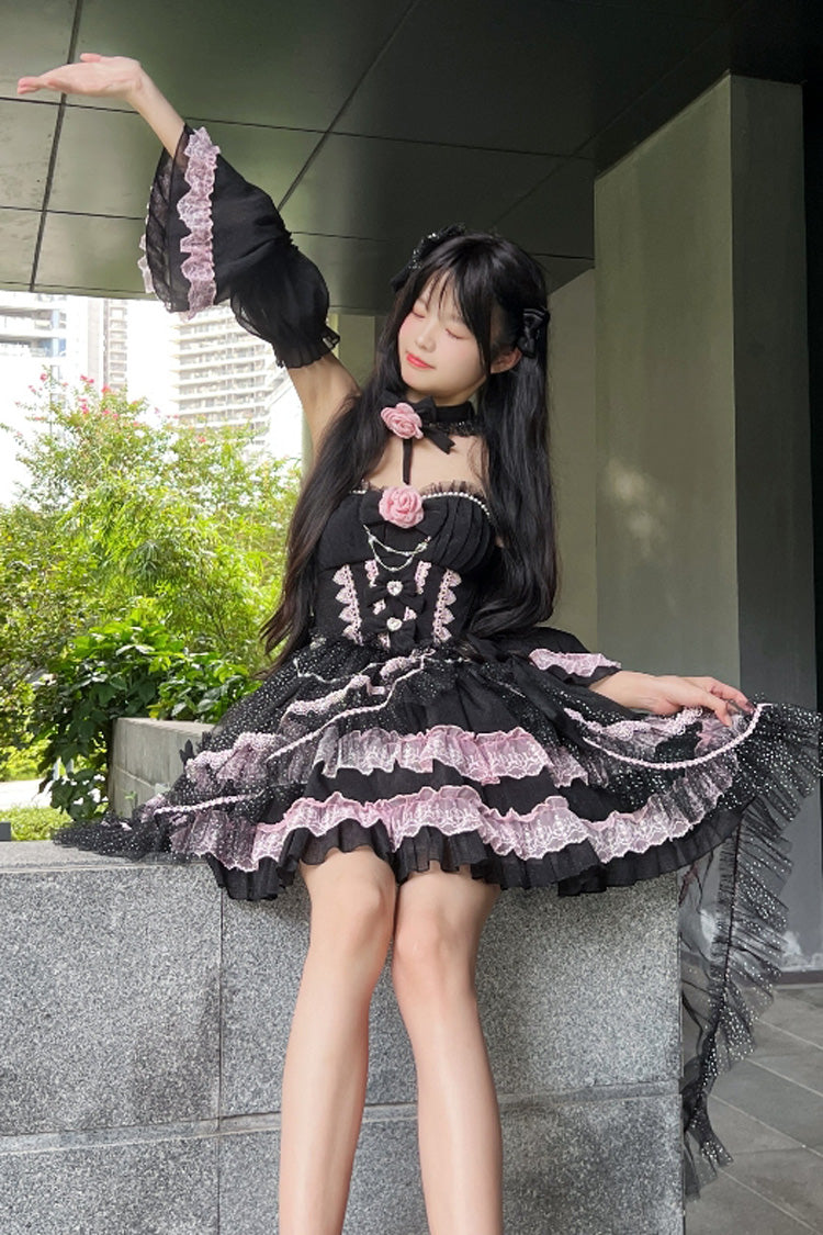 Black Pink Galaxy-Printed Tube Top Dress with Ruffles