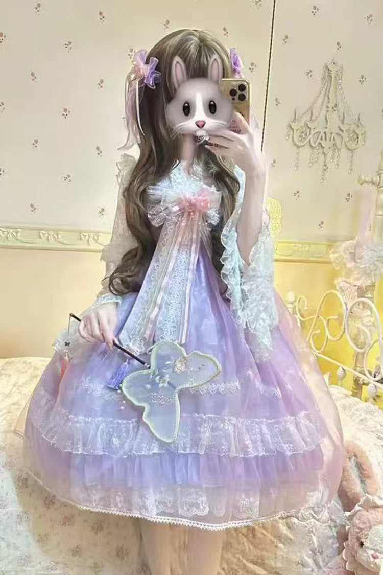 Peach Blossoms in Spring Fields Sweet Chinese Lolita JSK with Ruffles