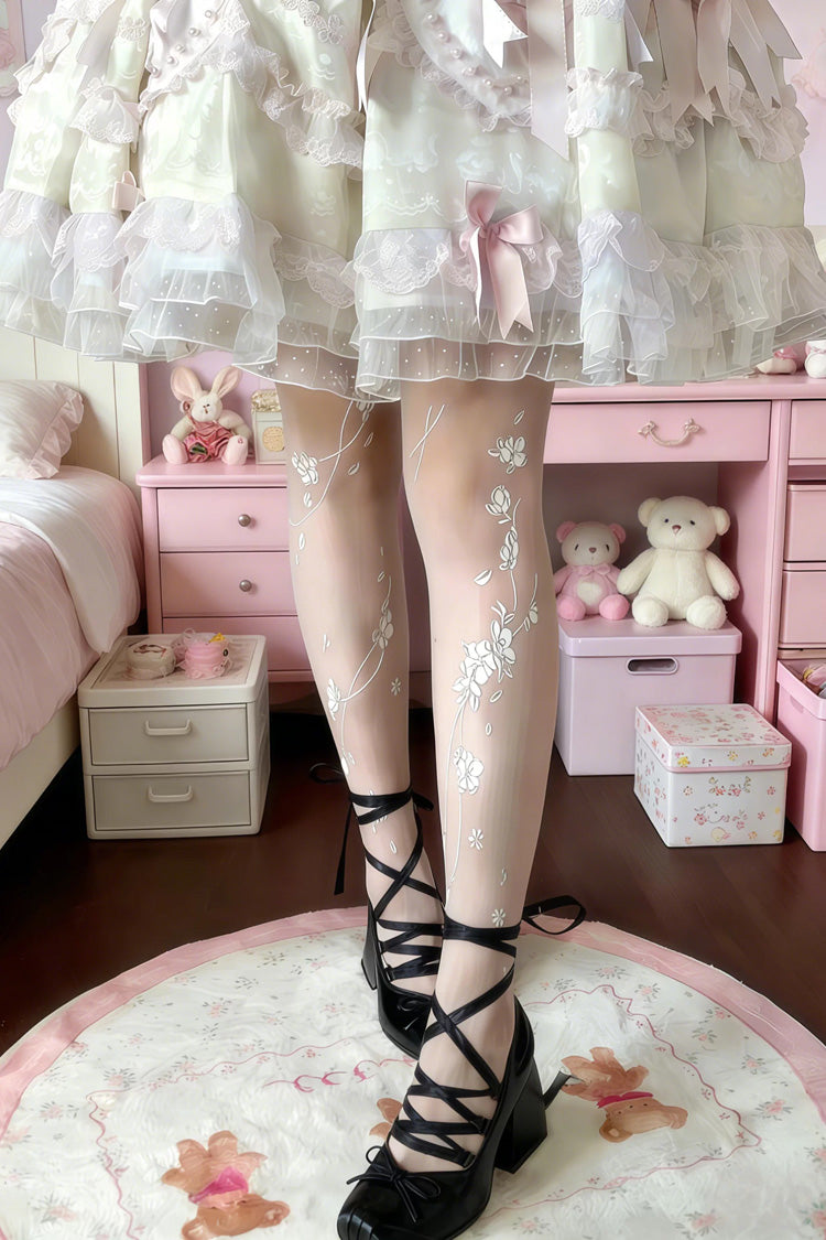 Ivory Printed Sheer Sweet Japanese Pantyhose