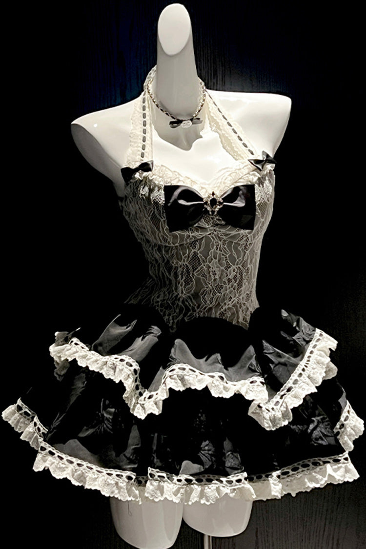 Black Asking For A Kiss Halterneck Double-Layered Bow Lace Gothic Lolita Dress