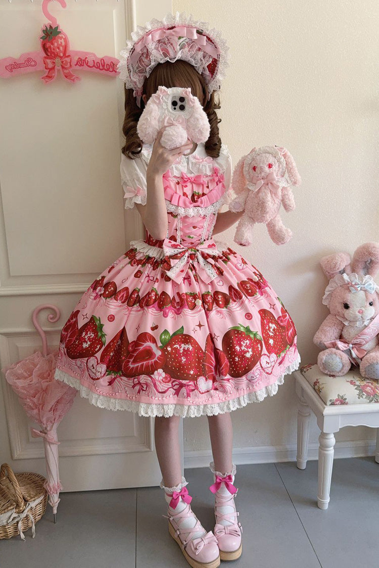 Strawberry Print Ruffled Bow Lace Sweet Lolita JSK