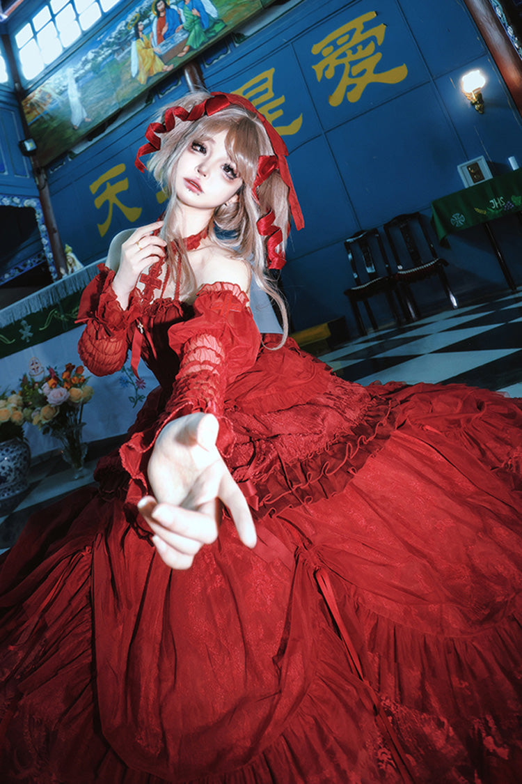 Wine Red Cross Halterneck Lace-Up Gothic Lolita Dress - Princess Ruffled