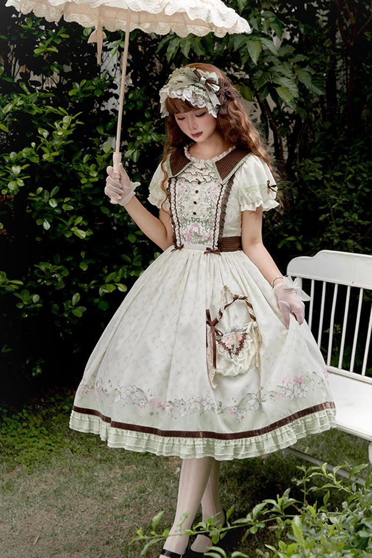 Green Ivory Lily Short Sleeve Print Ruffle Embroidery Bow Lace Sweet Dress