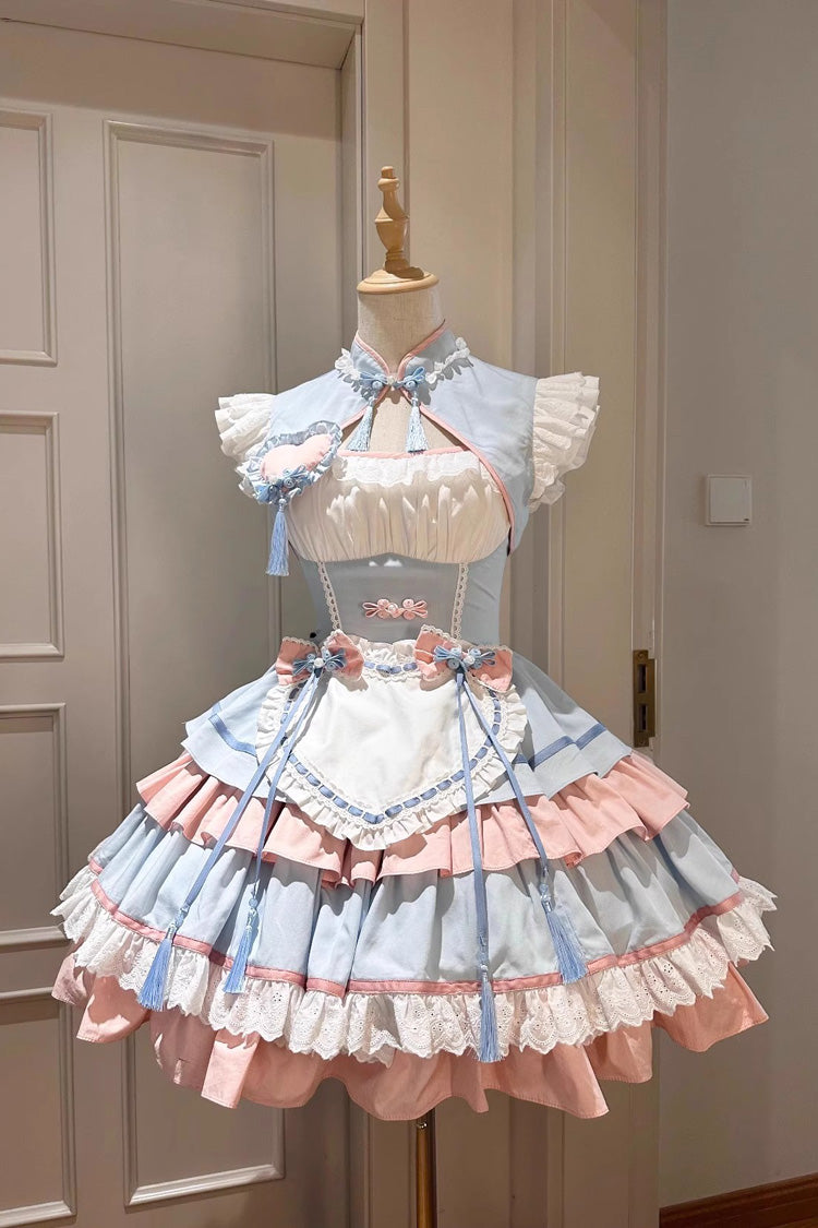 Blue Pink Multi-Layered Ruffled Sweet Chinese Maid Cheongsam Dress