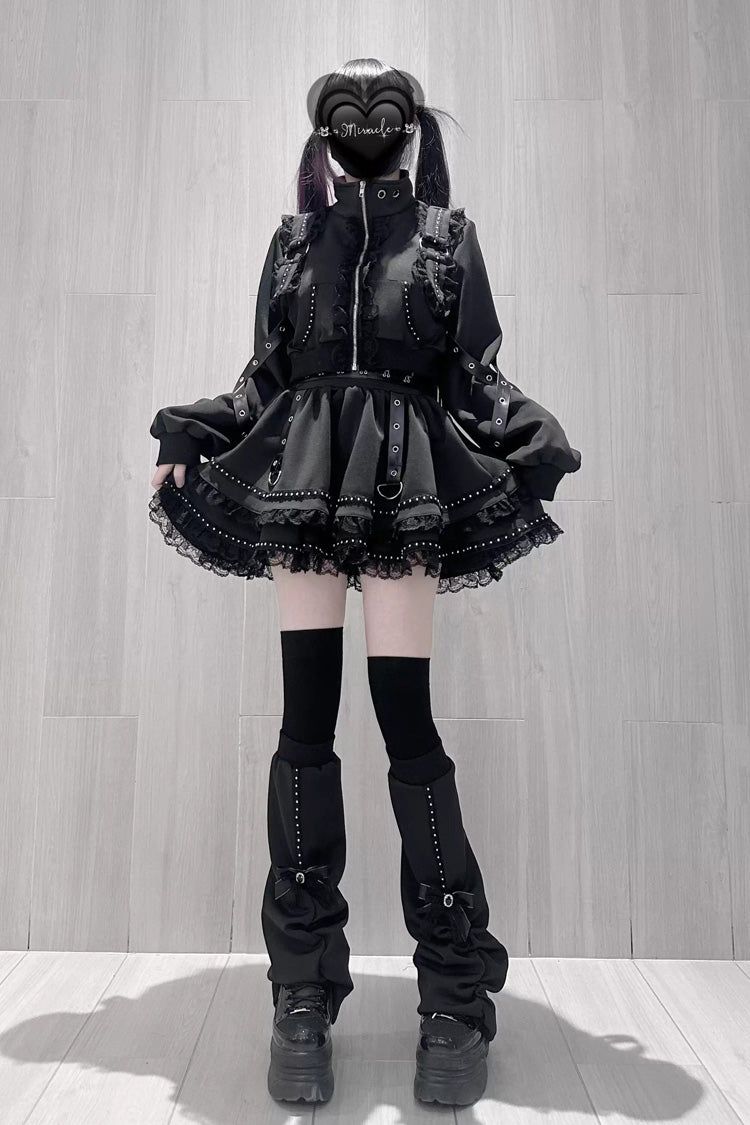 Black Gothic Ruffle Lace Zip Skirt Ensemble Jirai Kei