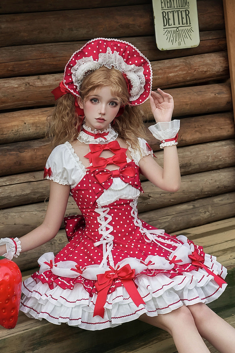 Wine Red Halterneck Short Sleeve Triple-Layered Polka Dot Bow Lace-Up Sweet Dress