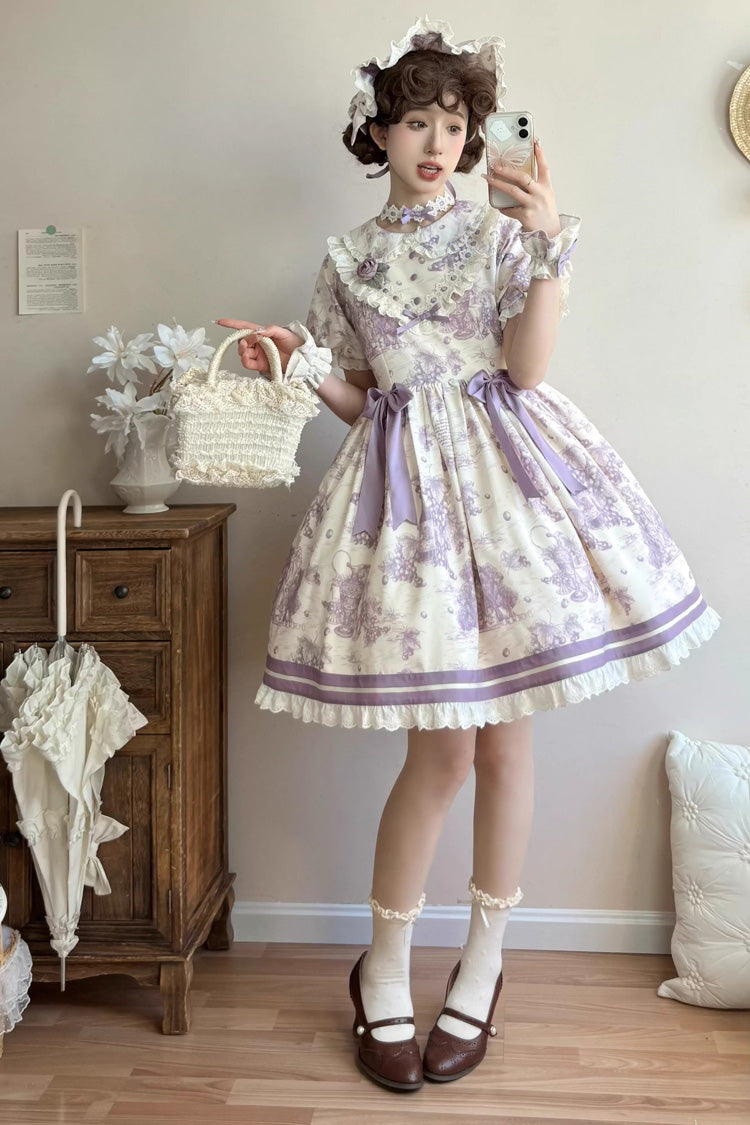 Violet Multi-Layered Ruffled Bow Short Sleeve Lolita Dress by Grape Moon Almanac - Grape Moon Almanac