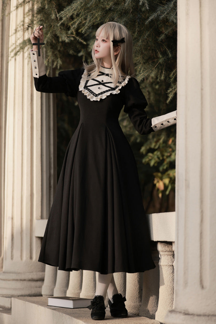 Elegant Lolita Dress with Stand Collar, Ruffles, and Bowknot