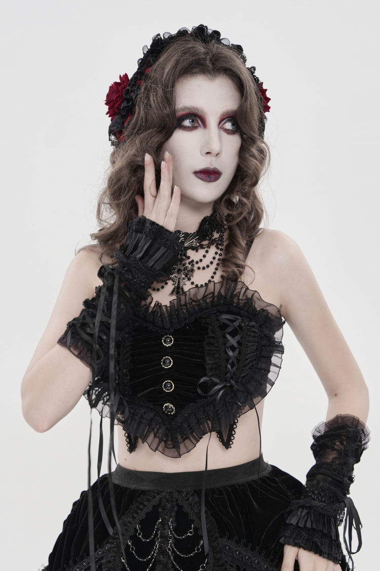 Dark Ruffled Corset with Bow Accents and Off-Shoulder Design