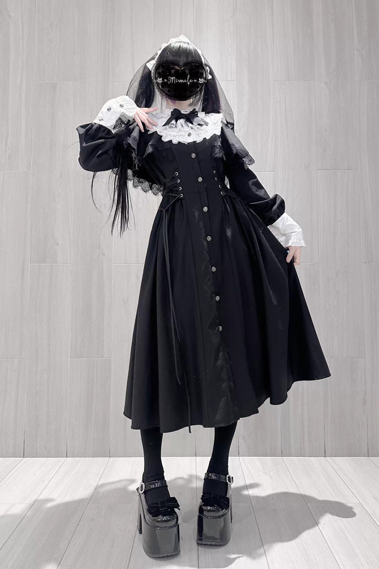 Gothic Jirai Kei Long Dress with Lace-Up Ruffled Bow Sleeves