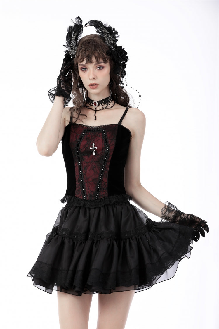 Dark Red Cross-Strap Jacquard Gothic Overbust Corset