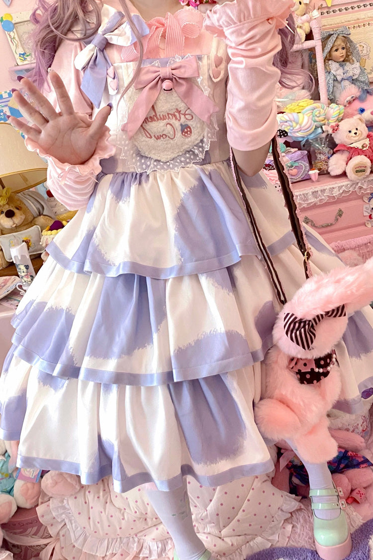 Azure Cow-Print Bowknot Sweet JSK with Triple Ruffles
