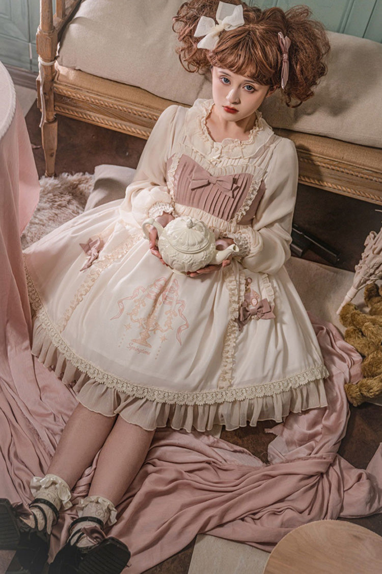 White & Pink Sleeveless Good Night Bear Print Cute Lolita Dress