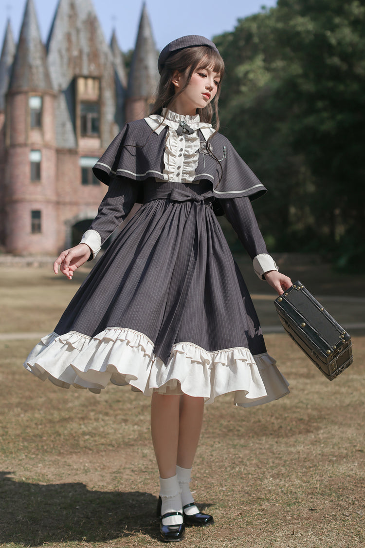 Striped Ruffle Bowknot Long Sleeve College Style Lolita Dress Dark Blue