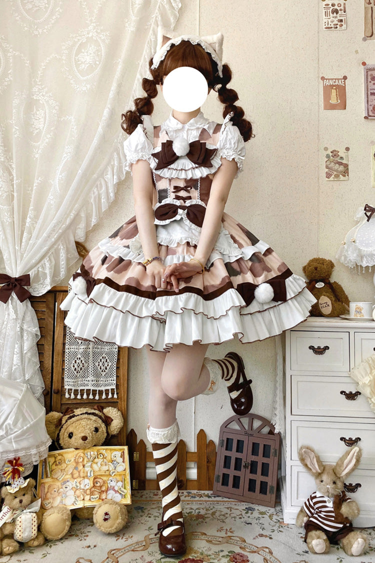 Calico Cat Sleeveless Triple-Layer Ruffled Bow Plush JSK