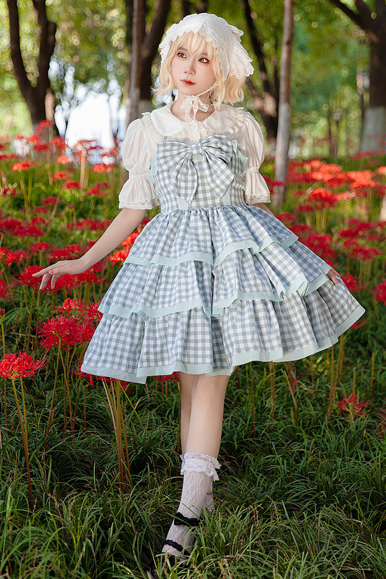 Blue Triple-Layered Plaid Ruffle Bow Sweet Lolita Dress