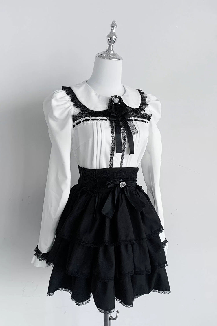 Doll Collar Triple Layered Ruffled Bow Lace Jirai Skirt and Blouse Set in Two Colors