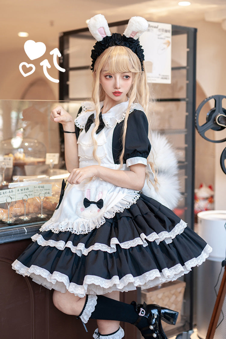 Double-Layer Ruffle Maid Dress - Bowknot Lolita