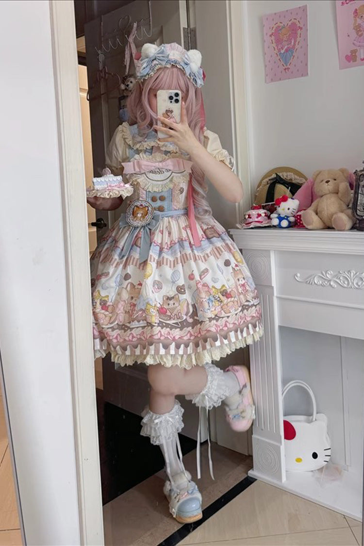 Sleeveless Print Ruffle Bow Lace Sweet Japanese Lolita Strap Dress - Multi Color