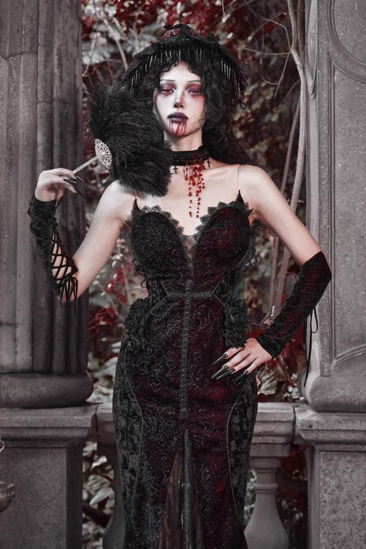 Black/Red High-Waisted Embroidered Lace Sleeveless Ruffle Gothic Fishtail Dress - Scarlet Blood Peak