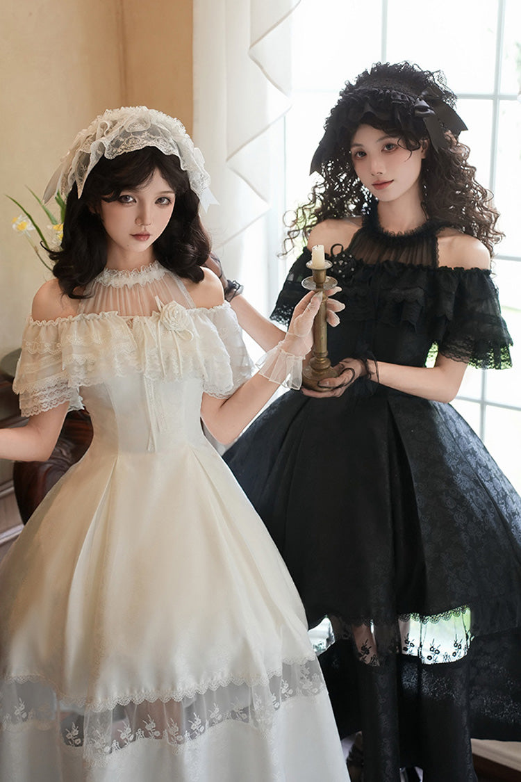 Ivory Off Shoulder Halter Print Ruffle Gothic Elegant Dress