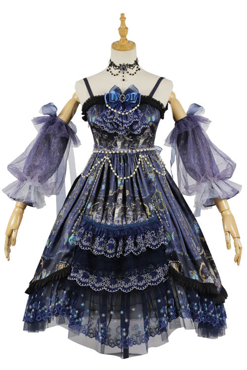 Azure Gothic Tiered JSK with Skull Print and Pearl Chain