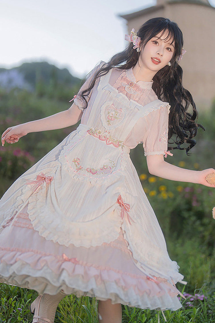 Blush Mandarin Collar Short Sleeve Ruffled Embroidered Lace Sweet Chinese Inspired Lolita Gown