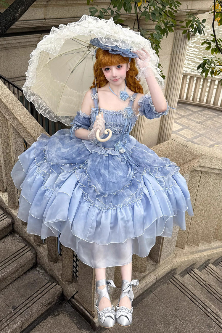 Goodnight Camellia Sleeveless Ombre Multi-Tiered Printed Ruffled Lace Fishbone Sweet Lolita Jumper Dress Three Colors