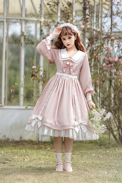 High Waist Sweet Lolita OP Dress with Doll Collar and Lantern Sleeves