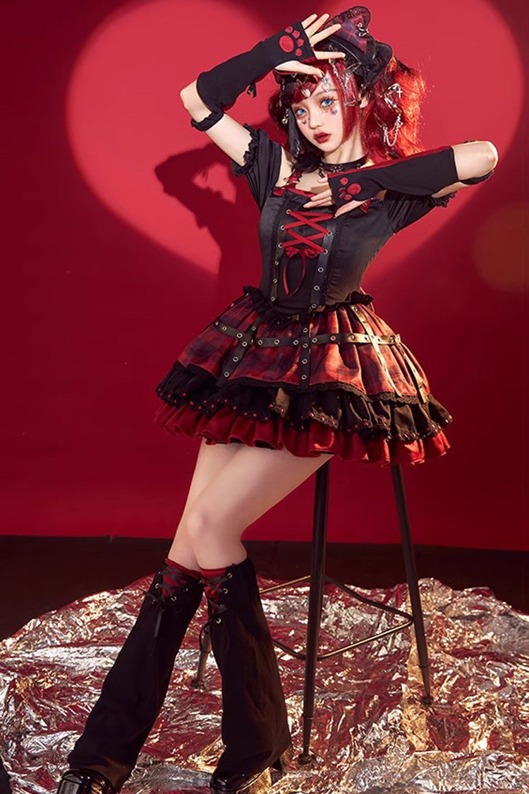Black Red Print Ruffle Lace Up Gothic Japanese Princess Jsk Dress